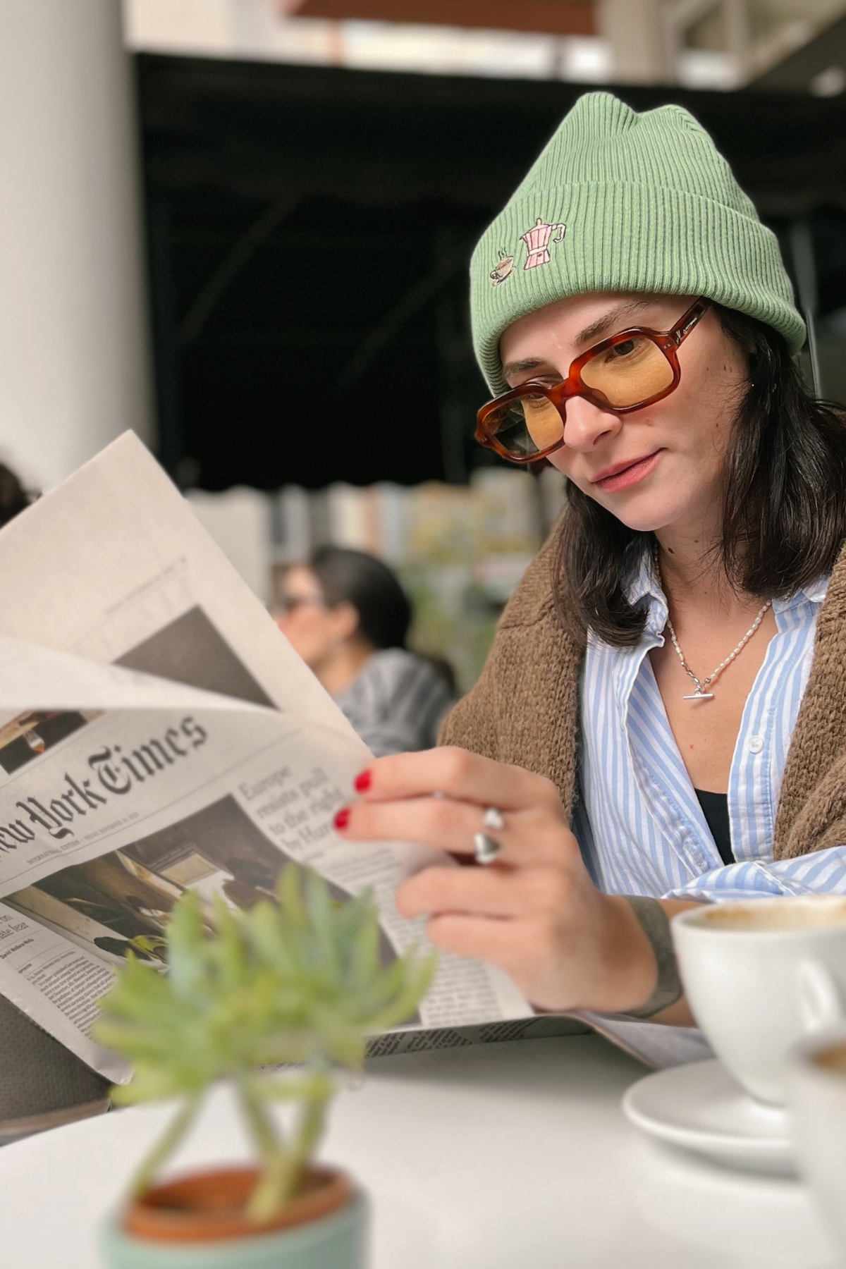 Moka Pot & Coffee Cup Yeşil Kışlık Nakışlı Yumuşak Triko Bere