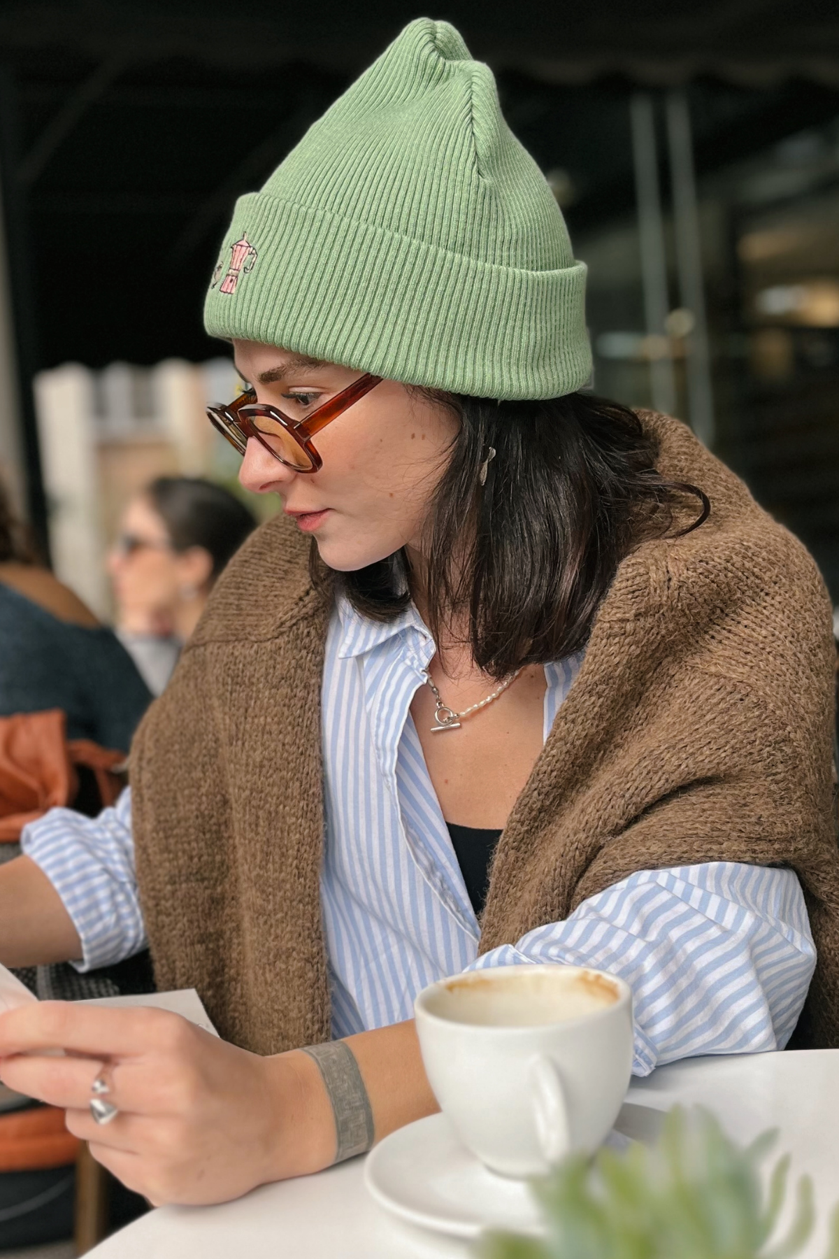 Moka Pot & Coffee Cup Yeşil Kışlık Nakışlı Yumuşak Triko Bere