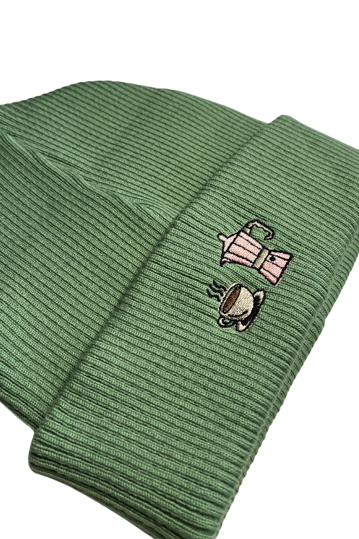 Moka Pot & Coffee Cup Yeşil Kışlık Nakışlı Yumuşak Triko Bere